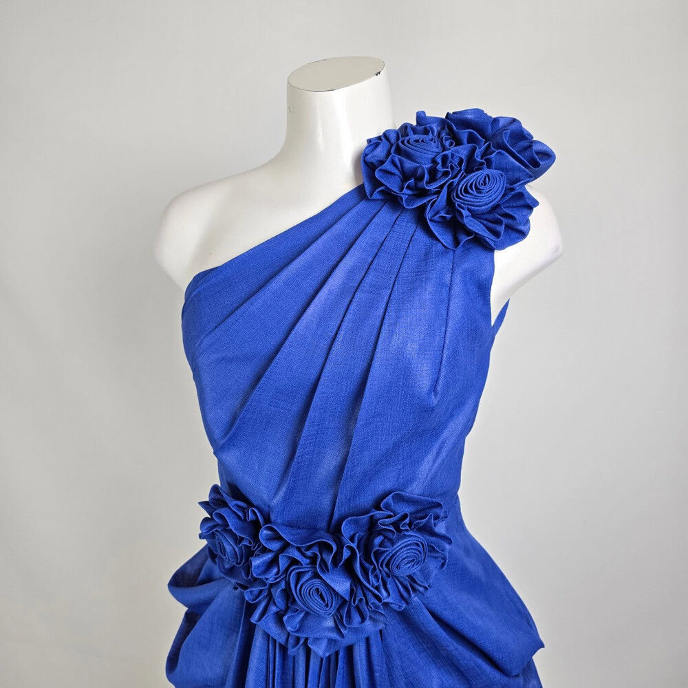 Vintage 80s Lalana House Couture One Shoulder Blue Rosette Cocktail Dress Sz S - Picture 2 of 12